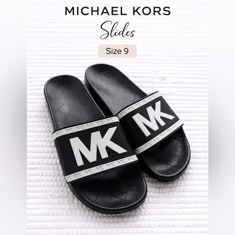 Michael Kors MK Slide Sandals Black Logo Pool Slides Size 9 Women